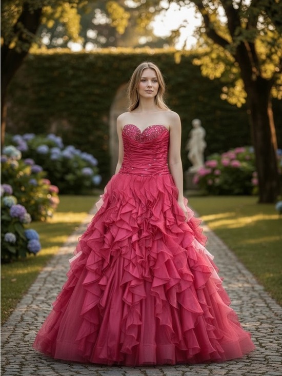 Juliet Dresses & Skirts - Hot Pink Formal Gown Medium Ruffled Tiered Princess Sequins